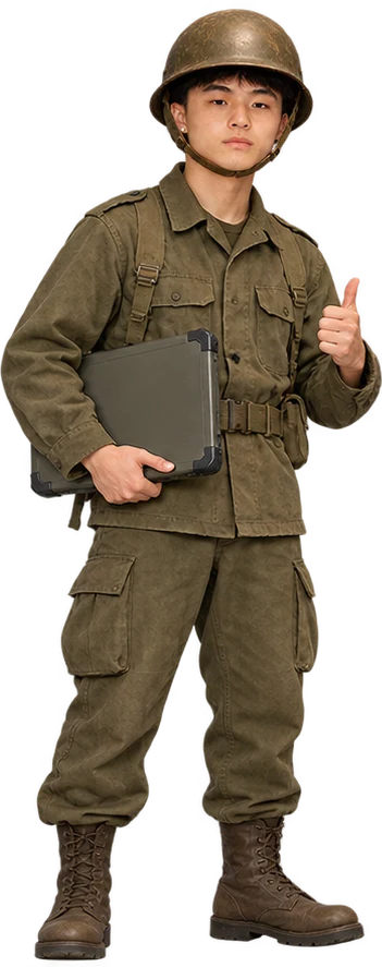 KIMCHER with a laptop under his arm, thumbs up