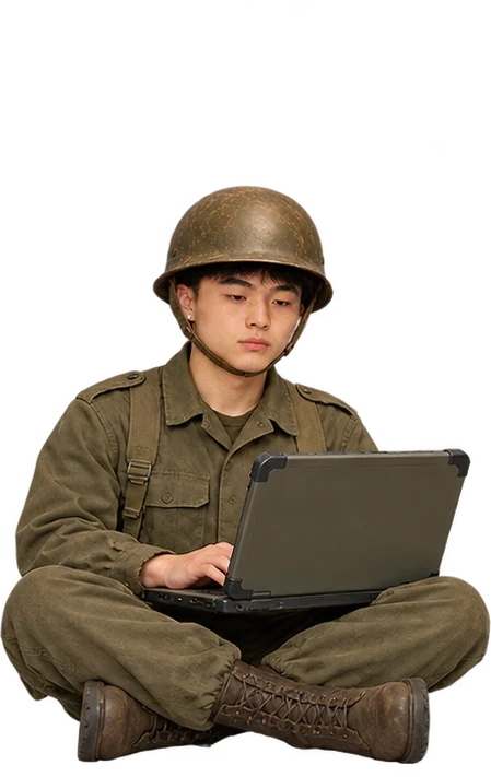 KIMCHER sitting cross-legged, trading on a laptop